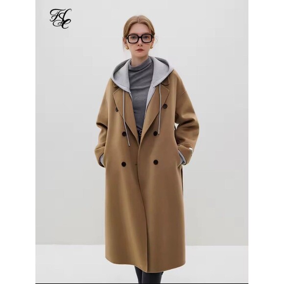 Falsilanen Elegant Floating Long 100% Wool Coat Double Breasted - Picture 1 of 14